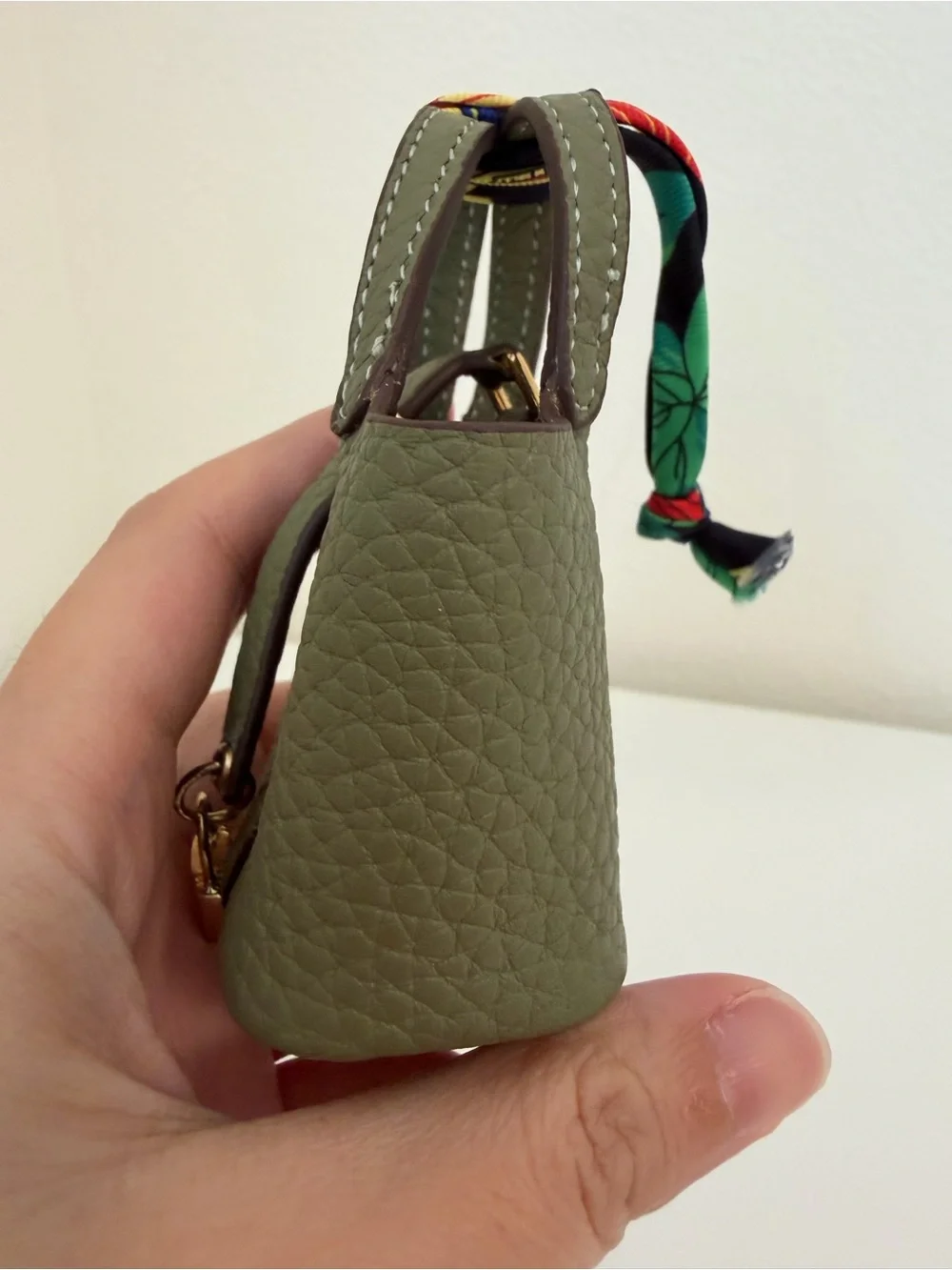 Top Grain Leather Mini Tote Bag Charm Olive Green Mini Purse Charm
